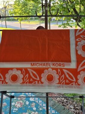 Michael Kors Orange and White Floral Border Sarong Pareo Swimsuit Wrap
